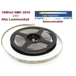 Tira LED 5 mts Flexible 24V 90W 600 Led SMD 2835 IP20 CCT 2700K a 6500K Alta Luminosidad